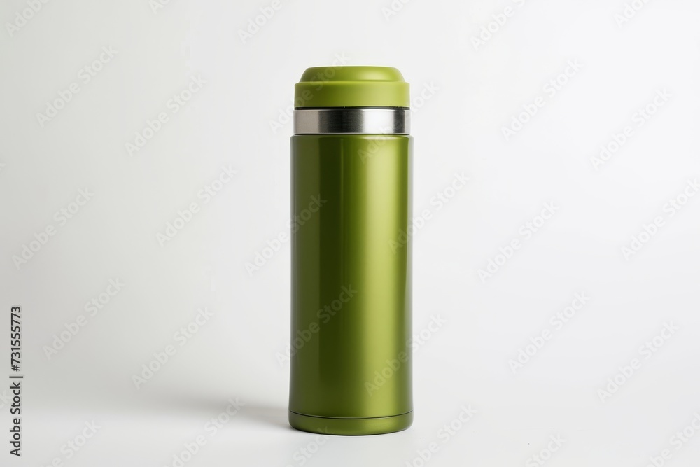 Mockup of green stainless steel thermos bottle on white background Mockup of green stainless steel thermos bottle on white background