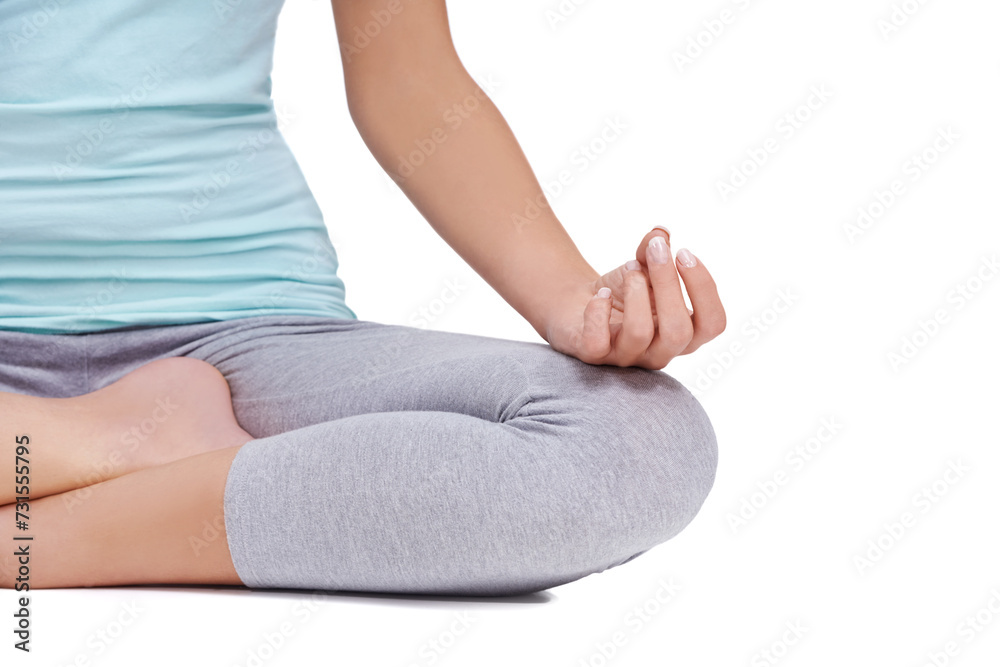 Closeup, yoga and meditation with woman, lotus pose and chakra energy exercise isolated on a white studio background. Person, girl and model with fitness and zen with peace and workout for wellness