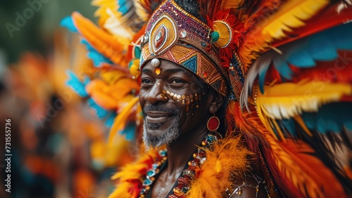man is in colorful costume walking through a street festival