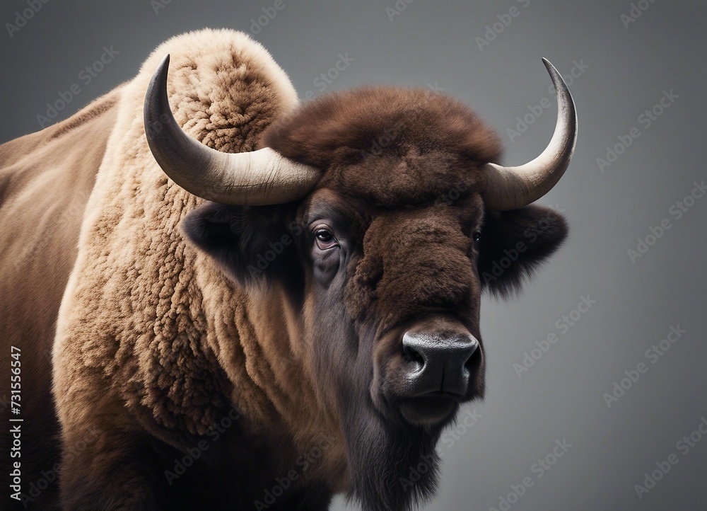 Bison portrait on a gray background. Close-up. Studio shot. Bison portrait on a gray background. Close-up. Studio shot.