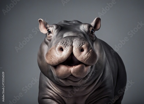 Portrait of a hippo on a gray background. Studio shot.