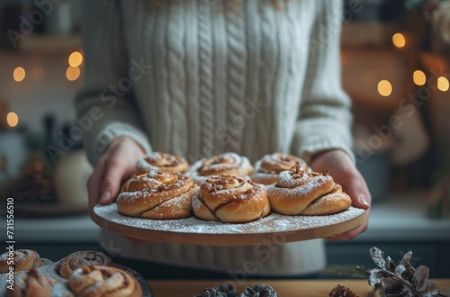a woman holds cinnamon buns while preparing them in a kitchen