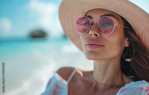 a woman with a hat and sun glasses is relaxing on beach