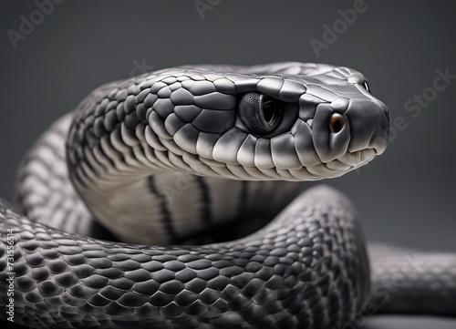 Close-up of a snake's head on a gray background.