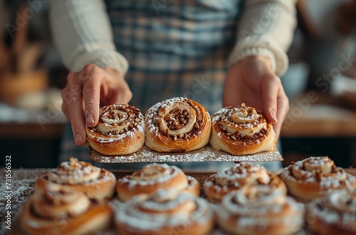 a woman holds cinnamon buns while preparing them in a kitchen