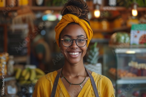 a smiling store assistant in a yellow apron