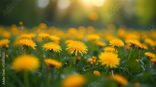 A tranquil meadow blanketed with a sea of golden dandelions