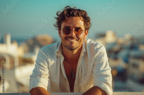 a smiling white man with sunglasses sitting on a ledge