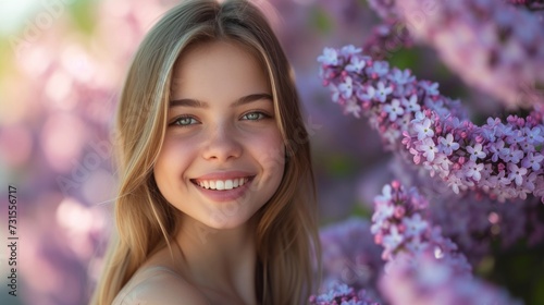 Amongst a backdrop of lilac blooms, her grin shines bright, capturing the ess...