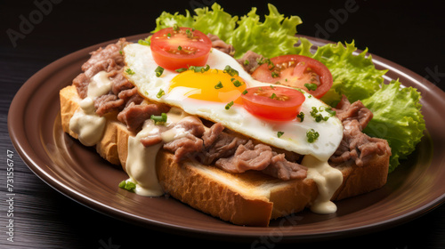 Healthy Brunch with Fresh Produce and Toasted Bread on a Dark Background. Generative AI