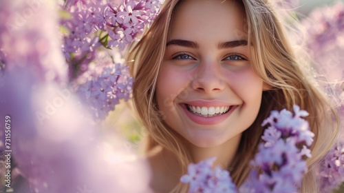 Amongst a backdrop of lilac blooms, her grin shines bright, capturing the ess...