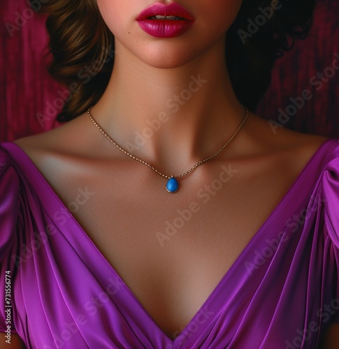 a woman with a purple dress and blue nails and pink lips