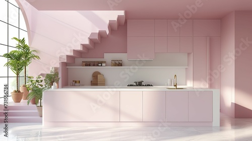 Chic Blush Baby Pink Modern Kitchen Interior with Empty White Walls and Open Concept Two Story Apartment Layout Made 
