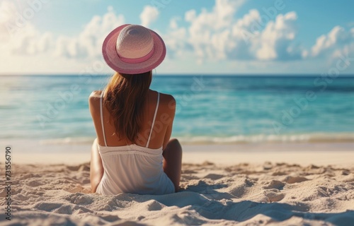 a woman is sitting on a beach sand and has a pink and white hat on