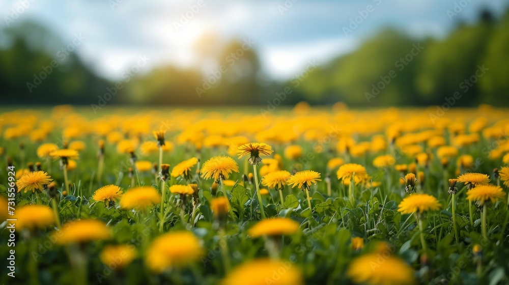 A tranquil meadow blanketed with a sea of golden dandelions