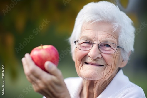 portrait of a senior woman holding up an apple