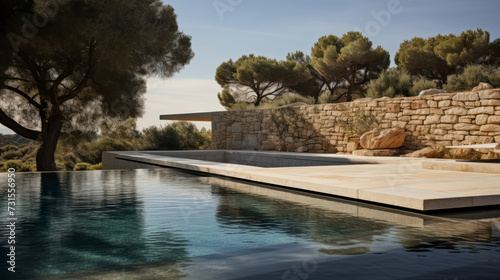 A natural stone pool with a meticulously designed Teresa Gali - Izard landscape garden in a cozy Spanish modern luxury minimalist villa and a deep blue sky. Generative AI