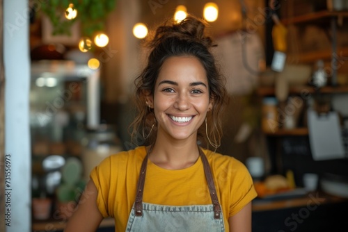 a smiling female business owner at work
