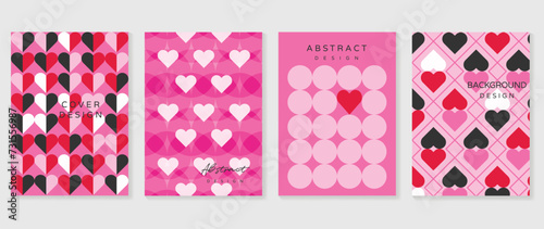 Happy Valentine's day love cover vector set. Romantic symbol wallpaper of geometric shape pattern, heart shaped icon. Love illustration for greeting card, web banner, package, cover, fabric.