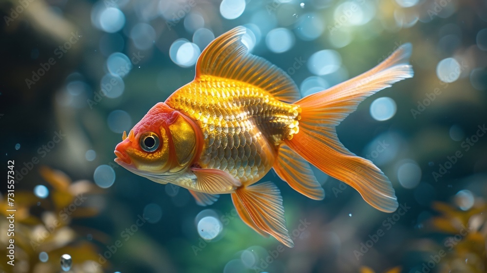 Goldfish, aquarium, a fish on the background of aquatic plants