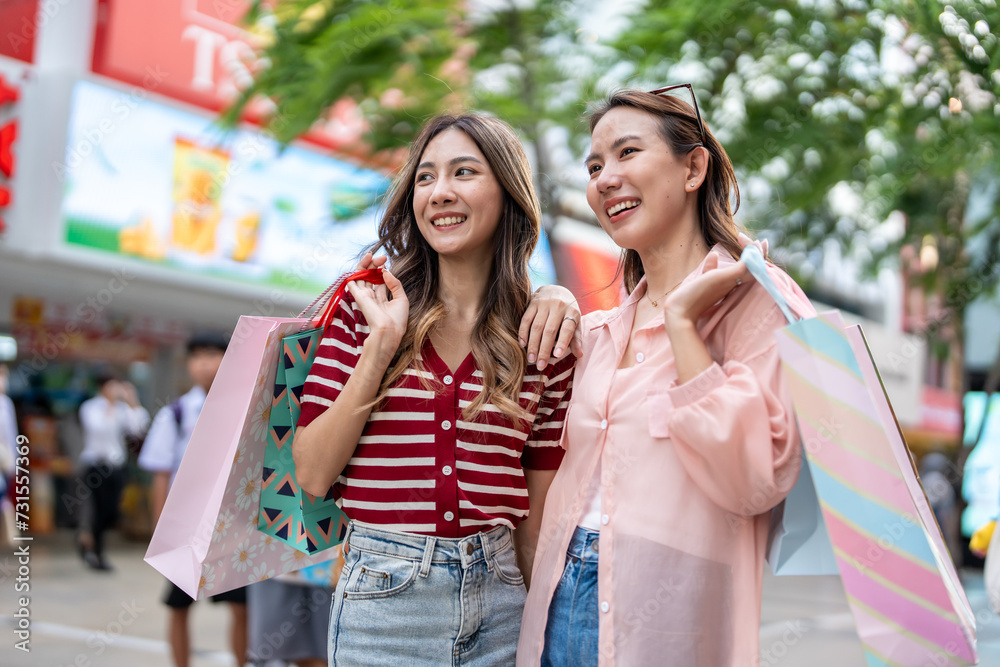 Asian young women shopping goods outdoor in shopping street at night. Asian young women shopping goods outdoor in shopping street at night.