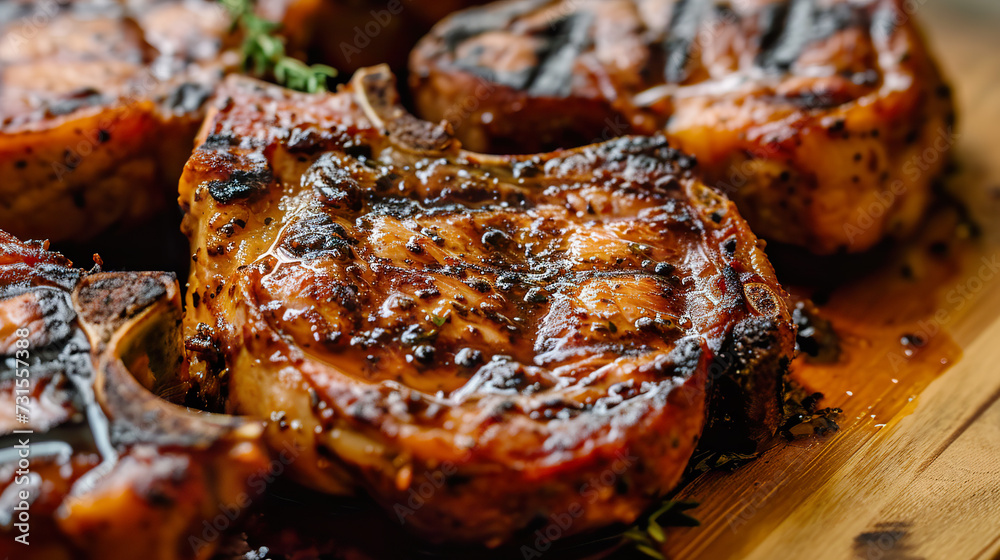 BBQ Pork Chops close-up, angle view, ultra realistic food photography