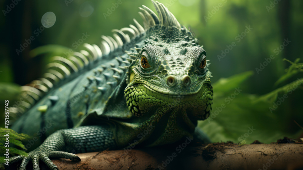 Fototapeta premium Exotic Iguana in Natural Greenery: Close-up of a Happy Lizard in Wildlife. Generative AI