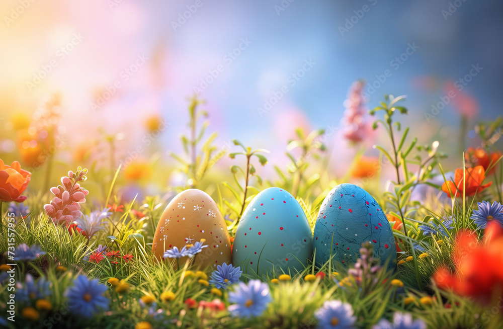 Decorated Easter eggs nestled in a vibrant spring meadow with wildflowers. Holiday and spring concept. Design for seasonal greeting card, event invitation. Festive banne with copy space.