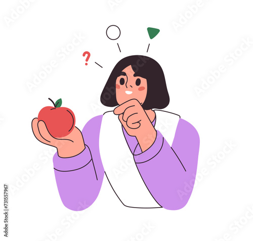 Student studying apple, looking and describing fruit. Education, knowledge concept. School pupil learning, thinking. Girl learner. Flat graphic vector illustration isolated on white background photo