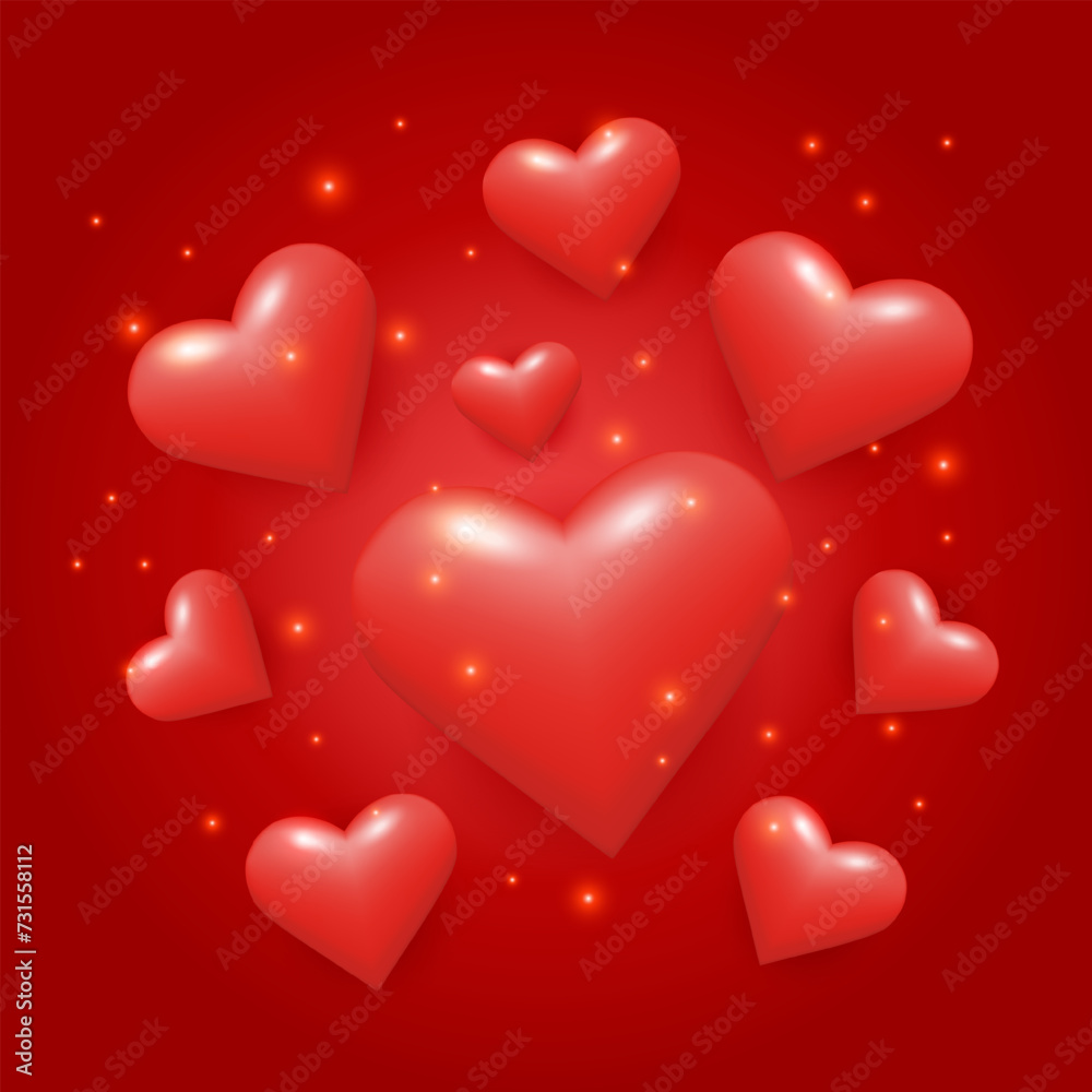 3D Red shiny Hearts realistic symbol love. Romantic glossy card. Vector illustration 