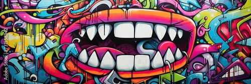 A vibrant cartoon-style graffiti design adorns the wall  brought to life with colorful spray paint and expressive strokes..