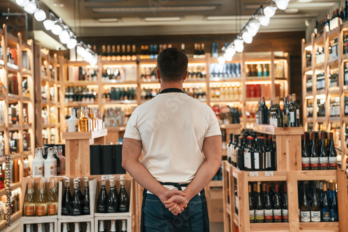 Back view. Wine shop owner in white shirt and black apron photo