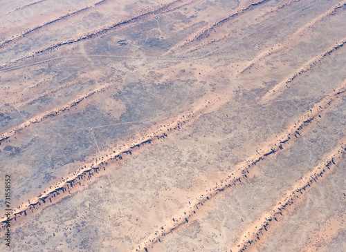 Fototapeta Naklejka Na Ścianę i Meble -  fences on red sand dune stripes in Kalahari, east of Kalkrand, Namibia