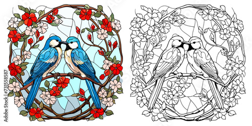 Beautiful Birds and Flowers with Presents Coloring Page Stained Glass Vector Art