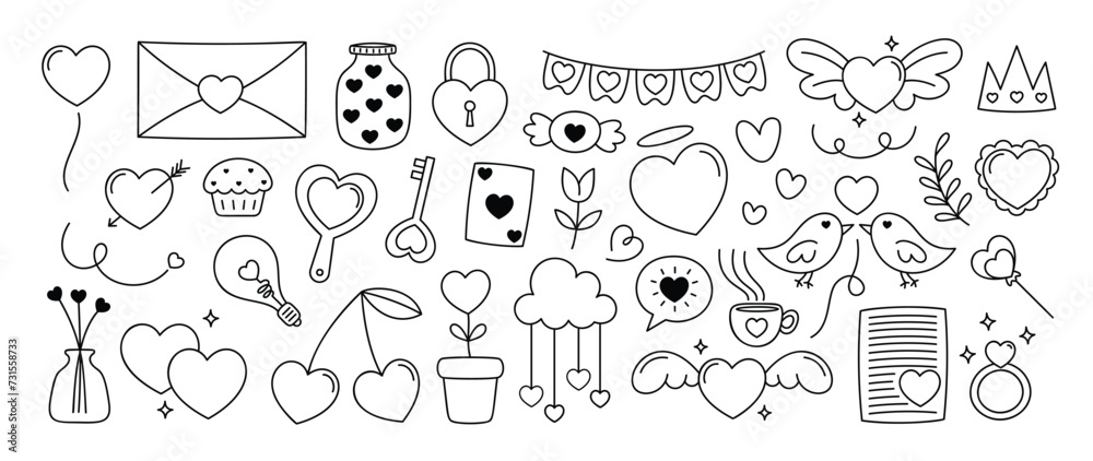 Set of valentine doodle element vector. Hand drawn doodle style collection of heart, bird, key, envelope, flag, ring, crown, cupcake. Design for print, cartoon, decoration, sticker, clipart. 