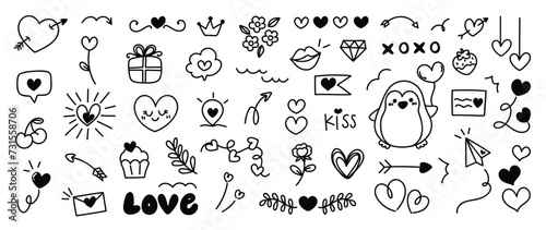 Set of valentine doodle element vector. Hand drawn doodle style collection of heart, arrow, balloon, flower, speech bubble, penguin, rocket. Design for print, cartoon, decoration, sticker, clipart. 