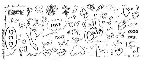Set of valentine doodle element vector. Hand drawn doodle style collection of heart, balloon, arrow, speech bubble, key, dog, flower. Design for print, cartoon, decoration, sticker, clipart.  photo