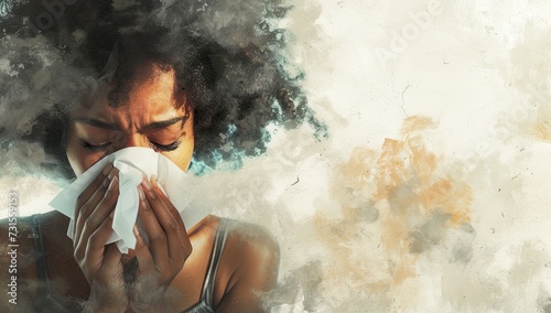 A sick woman at home, grappling with flu or allergic symptoms, coughs while tending to her health, highlighting the discomfort and challenges of illness.