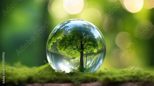 Glass globe ball, tree growing and green nature blur background. Eco earth day concept. Generative AI