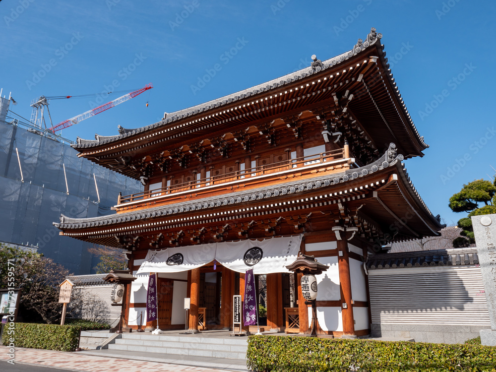 Obraz premium 冬の青空と伝通院の本堂 東京都文京区