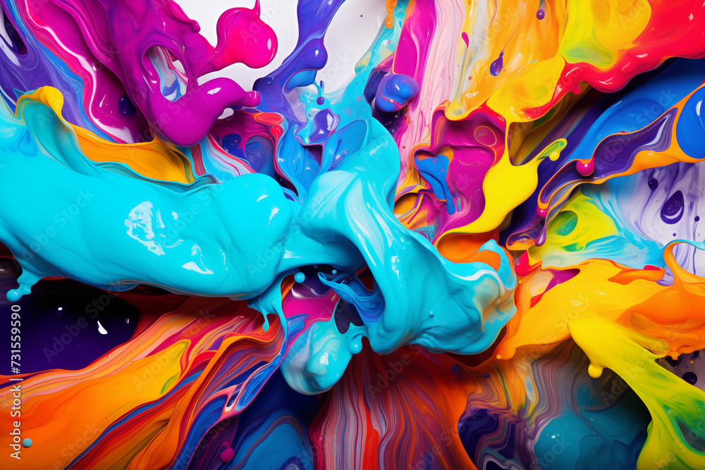 Paint texture marker texture explosion of colors Colorful rainbow color acrylic paint flowing down over white background banner panoramic, wide panorama long, dripping colorful liquid