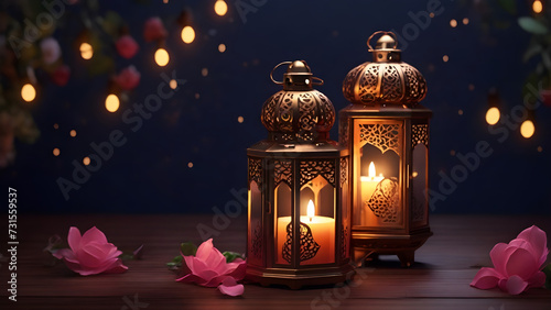 Cute Ramadan Lanterns: Arabic Mosque in Desert Night Background - 4K Ultra Wide View Lotus Background