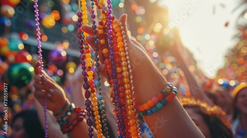 Energetic scenes of participants tossing strings of colorful beads to cheering onlookers during Mardi Gras festivities