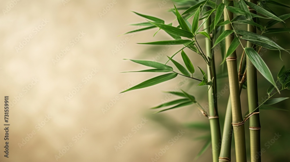 Fototapeta premium Minimalistic bamboo stalks and leaves against a neutral backdrop create a sense of tranquility