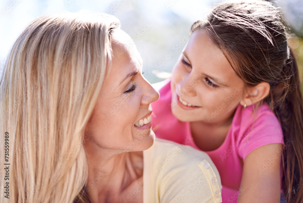 Mother, girl child and happiness outdoor with bonding for support, hug and trust on holiday in nature. Family, woman and daughter with face, smile and embrace on vacation, travel and love with fun Mother, girl child and happiness outdoor with bonding for support, hug and trust on holiday in nature. Family, woman and daughter with face, smile and embrace on vacation, travel and love with fun