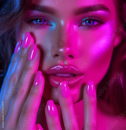 beautiful woman with bright pink nails holding hands