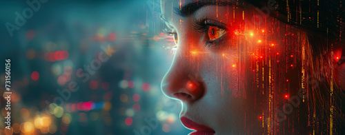 A close-up of a girl face overlaid with vibrant digital data streams, set against a blurred cityscape. A fusion of humanity and technology. Ideal for website headers or banners with a cyberpunk theme.