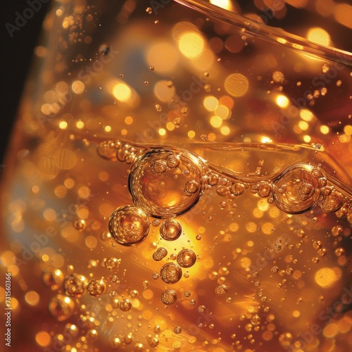 Effervescent soda bubbles dance in a glass