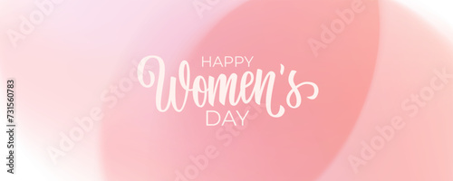 Happy Women's Day festive banner with hand lettering and soft pink blurred gradient background. Vector illustration. 