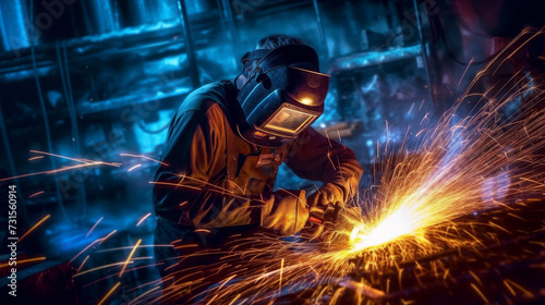 a welder in a welding mask welding a piece of metal with sparks in the air and a blue background, generative ai © Vitaliy